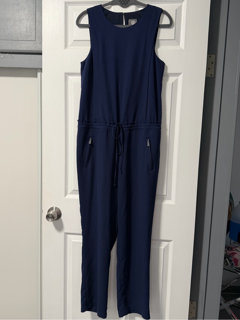 Vince Camuto Jumpsuit Womens 8 Navy Blue Sleeveless Drawstring Waist Pockets